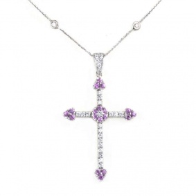 White Gold Diamond and Pink Sapphire Cross Pendant